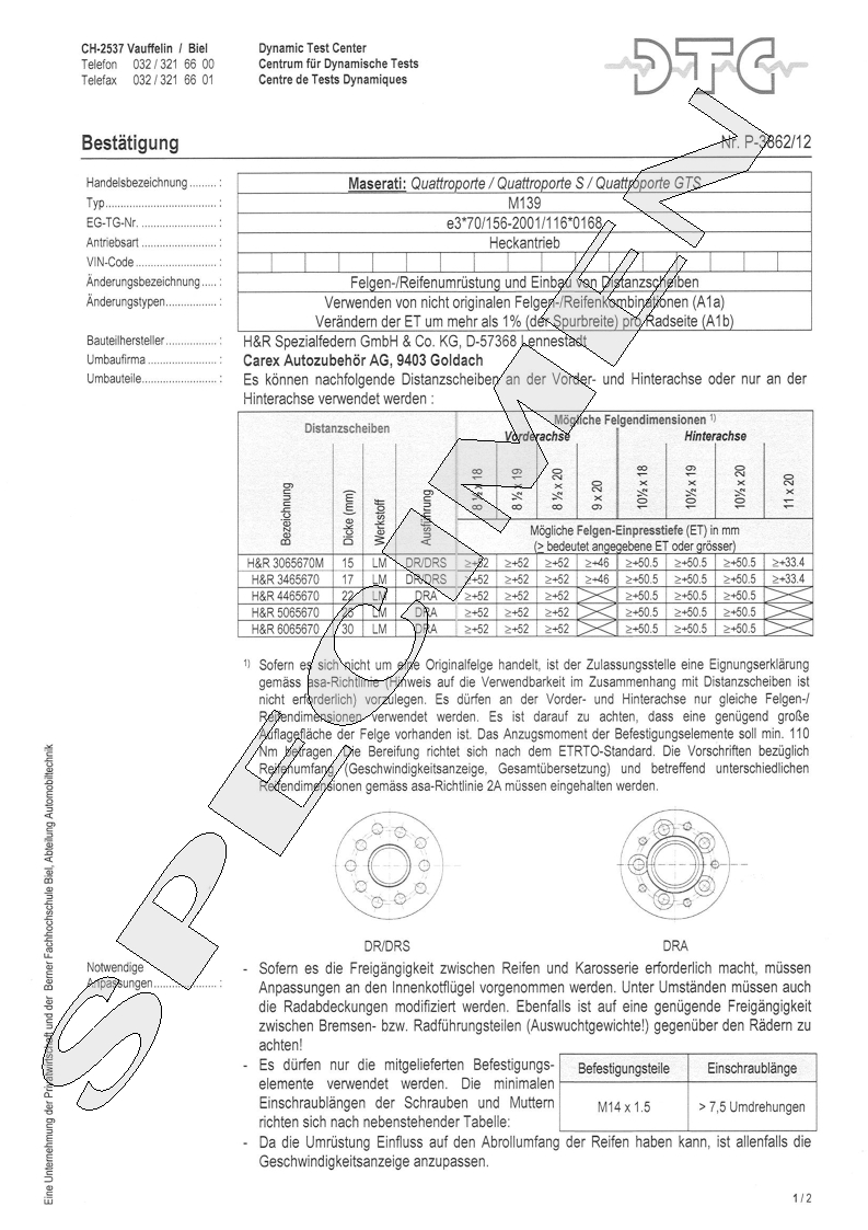 H&R DTC Zertifikat - H&R Spurverbreitungen P-3862/12