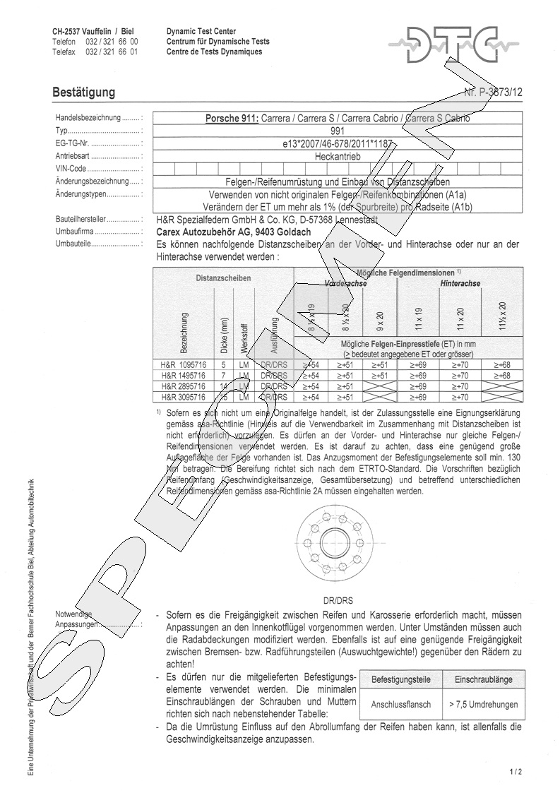 H&R DTC Zertifikat - H&R Spurverbreitungen P-3873/12