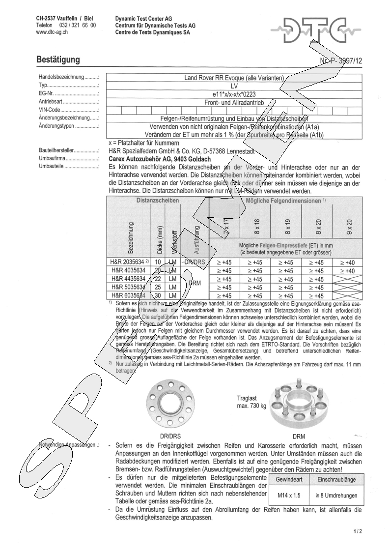 H&R DTC Zertifikat - H&R Spurverbreitungen P-3997/12