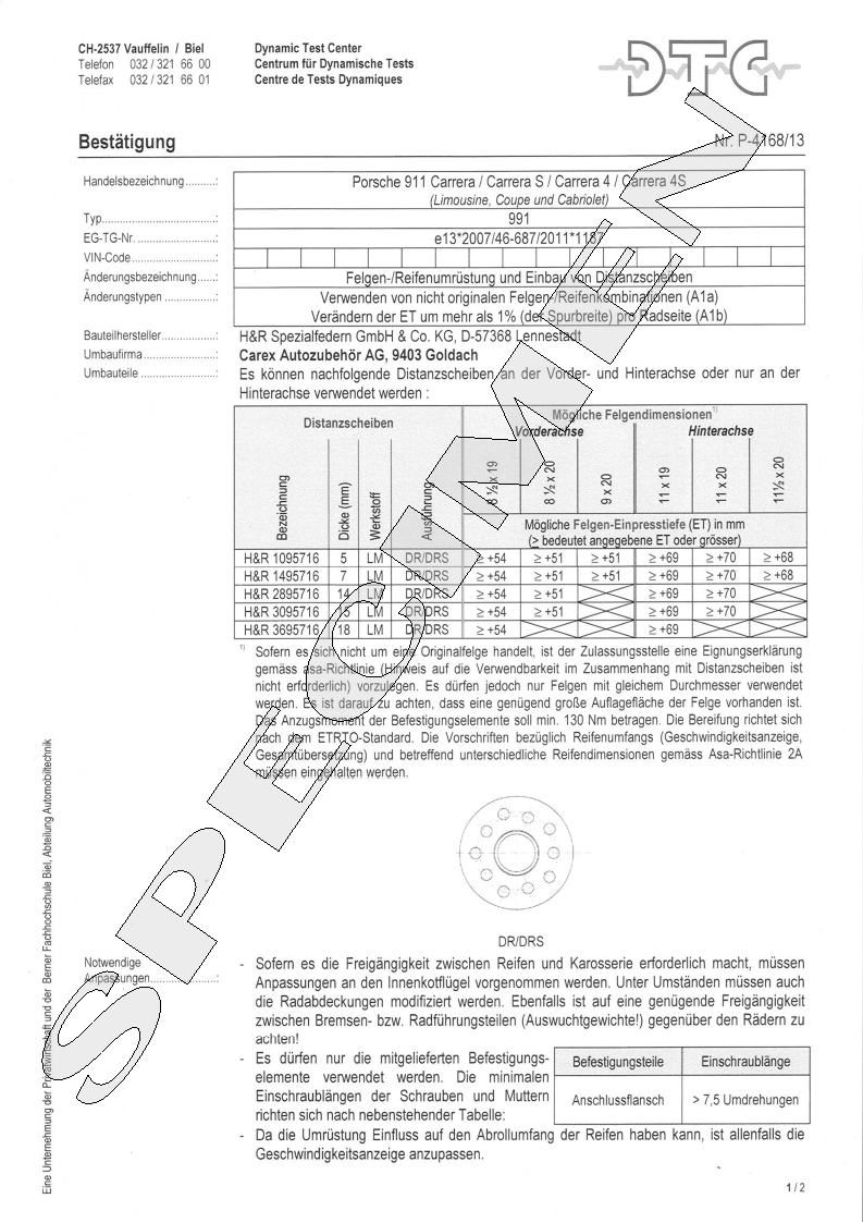 H&R DTC Zertifikat - H&R Spurverbreitungen P-4168/13
