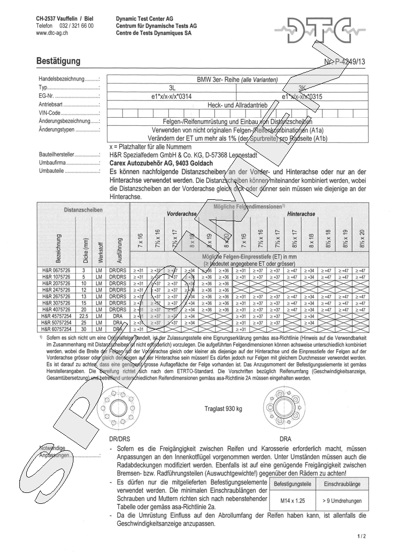 H&R DTC Zertifikat - H&R Spurverbreitungen P-4249/13