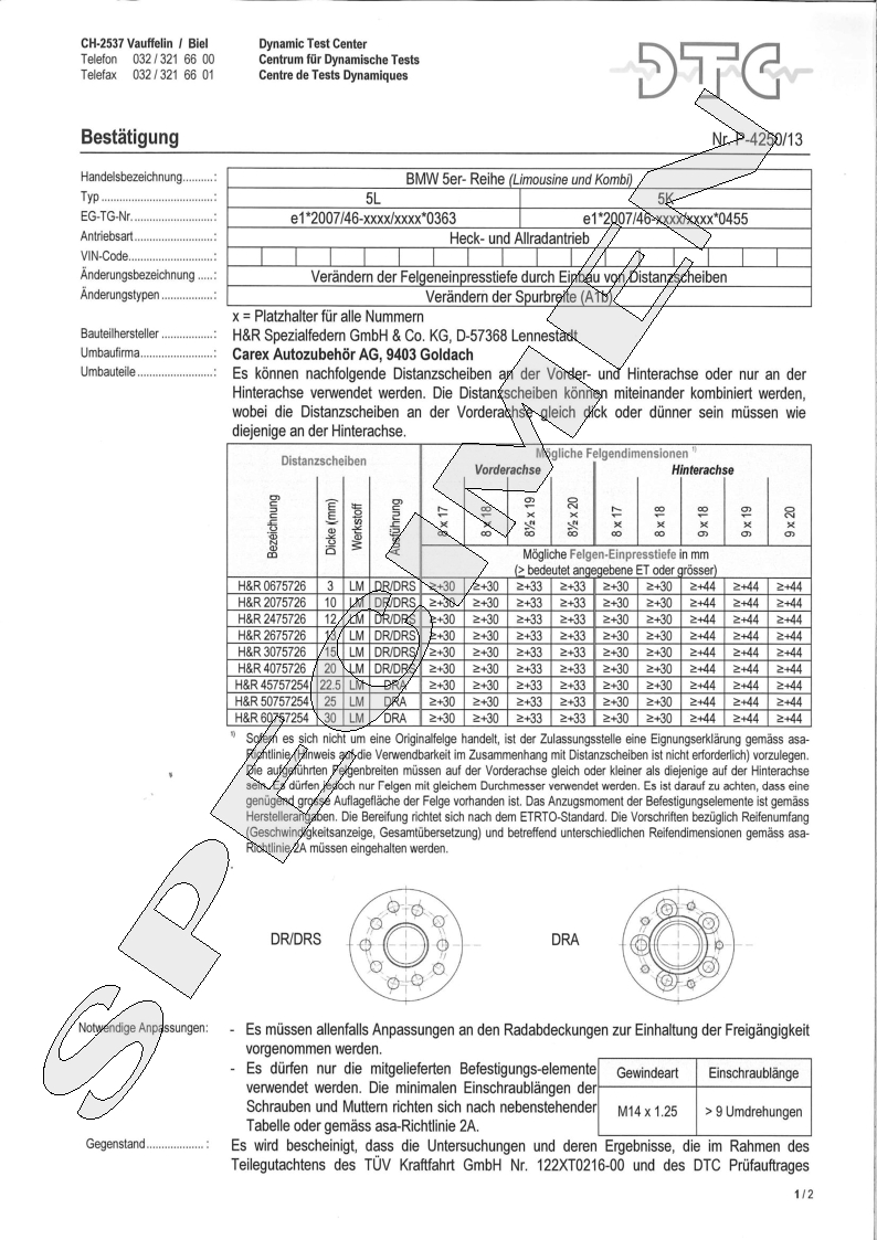H&R DTC Zertifikat - H&R Spurverbreitungen P-4250/13