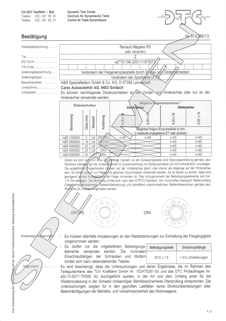 H&R DTC Zertifikat - H&R Spurverbreitungen P-4306/13