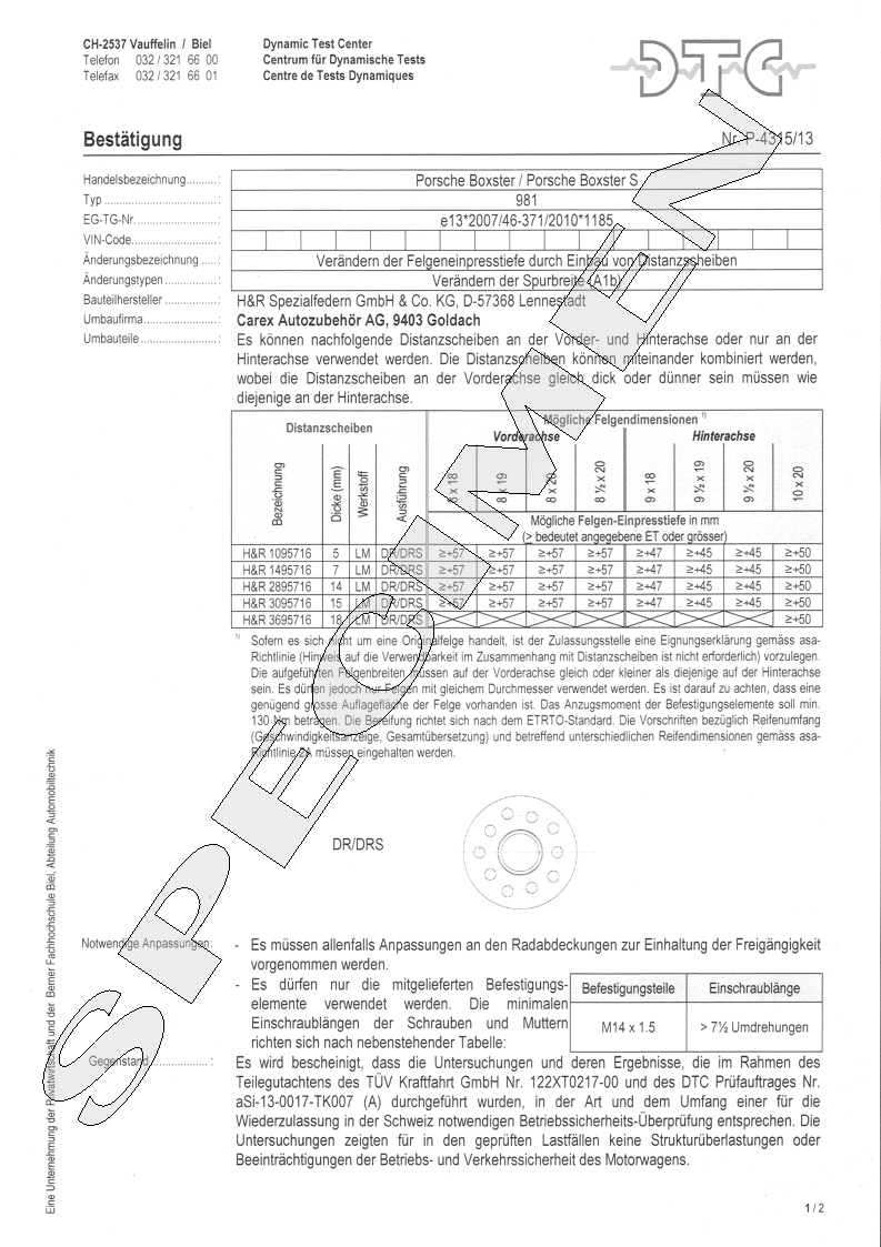 H&R DTC Zertifikat - H&R Spurverbreitungen P-4315/13