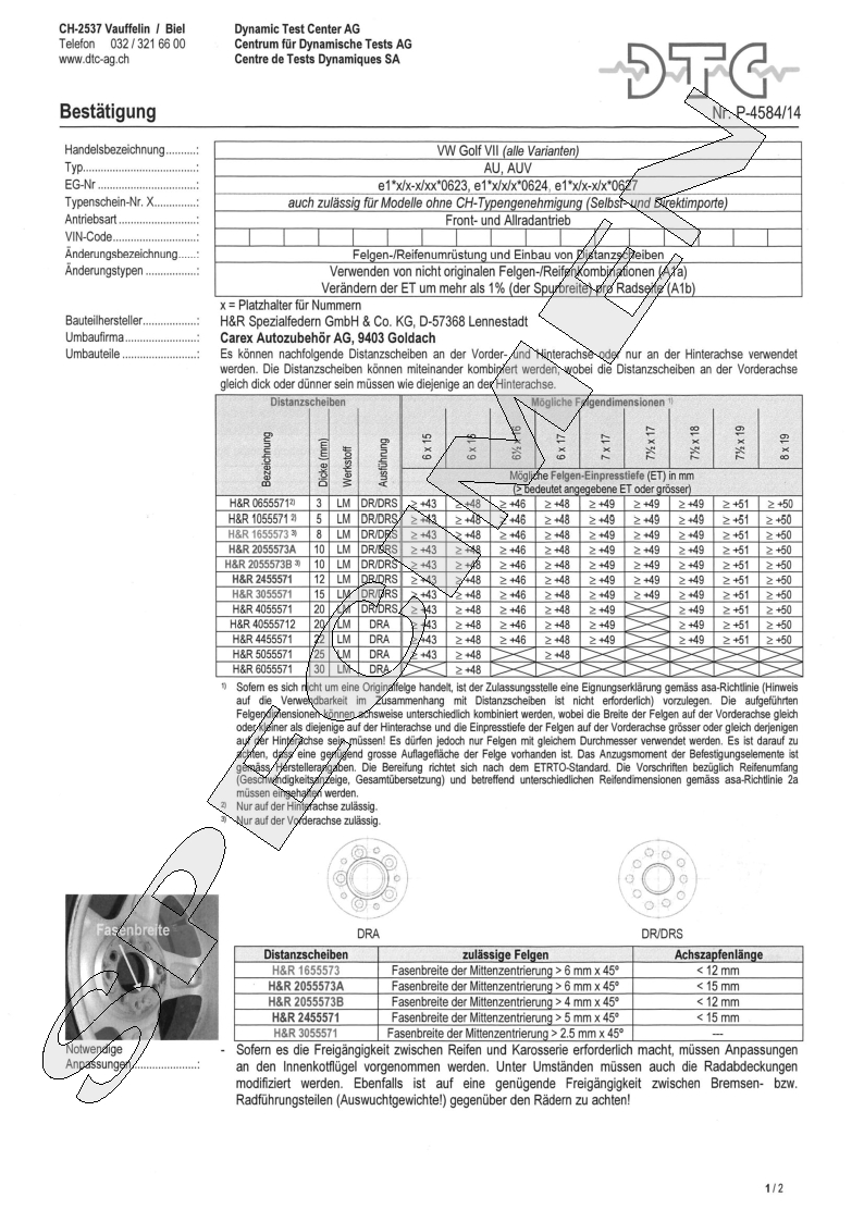 H&R DTC Zertifikat - H&R Spurverbreitungen P-4584/14