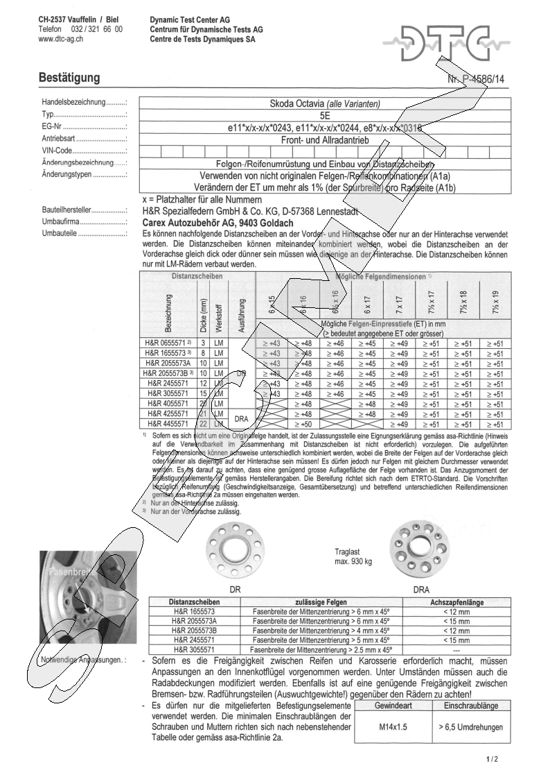 H&R DTC Zertifikat - H&R Spurverbreitungen P-4586/14