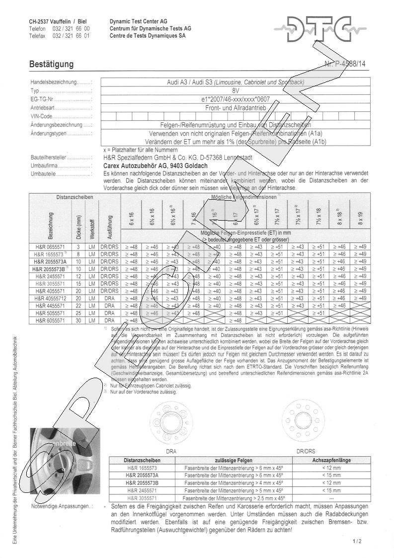 H&R DTC Zertifikat - H&R Spurverbreitungen P-4588/14
