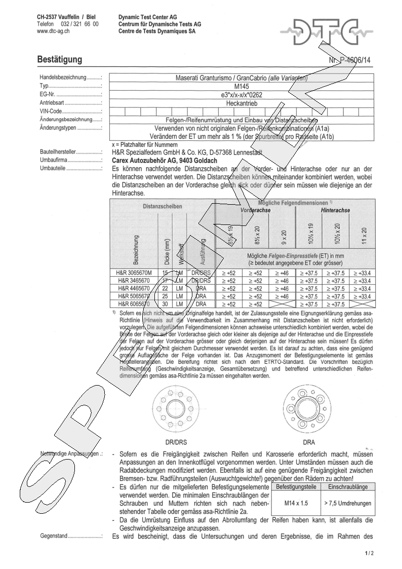 H&R DTC Zertifikat - H&R Spurverbreitungen P-4606/14
