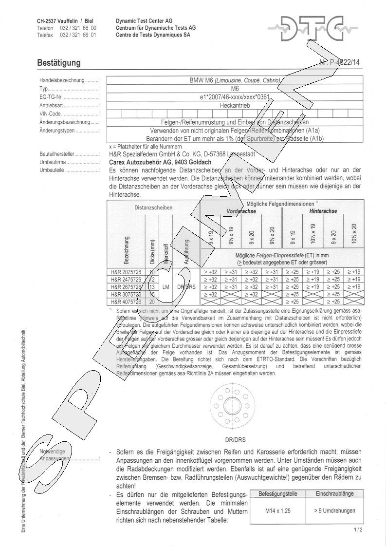 H&R DTC Zertifikat - H&R Spurverbreitungen P-4622/14