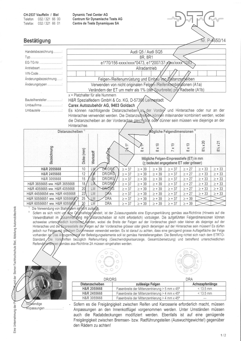 H&R DTC Zertifikat - H&R Spurverbreitungen P-4650/14