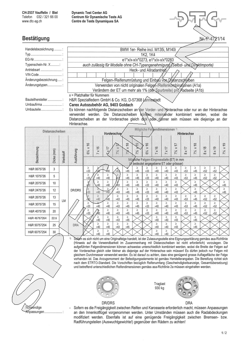 H&R DTC Zertifikat - H&R Spurverbreitungen P-4721/14