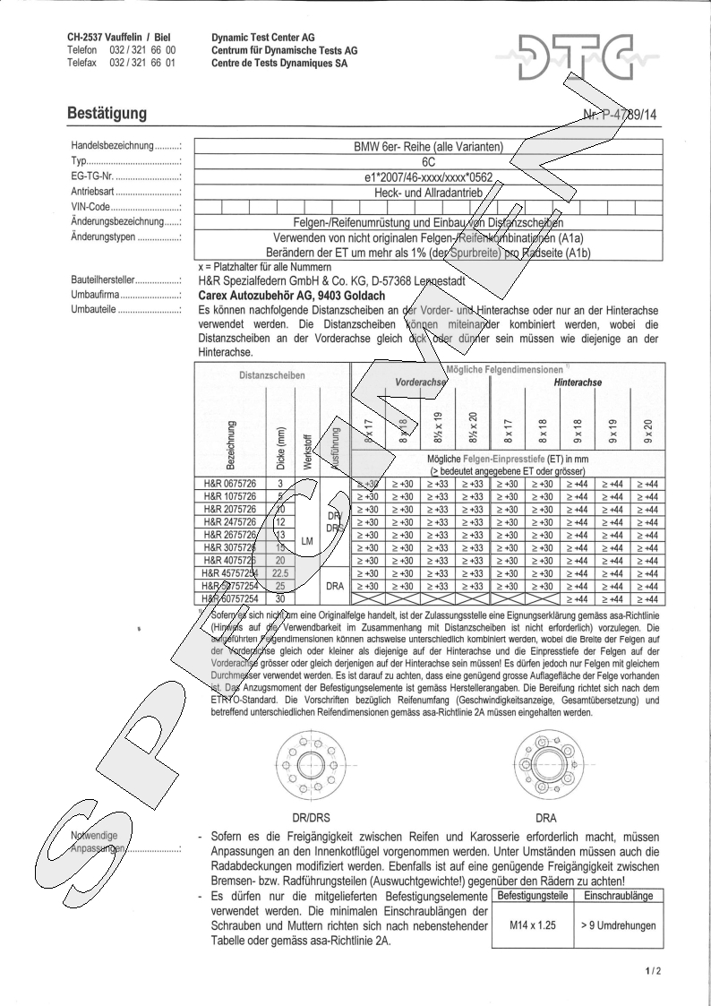 H&R DTC Zertifikat - H&R Spurverbreitungen P-4789/14