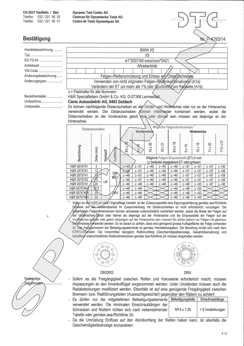 H&R DTC Zertifikat - H&R Spurverbreitungen P-4793/14