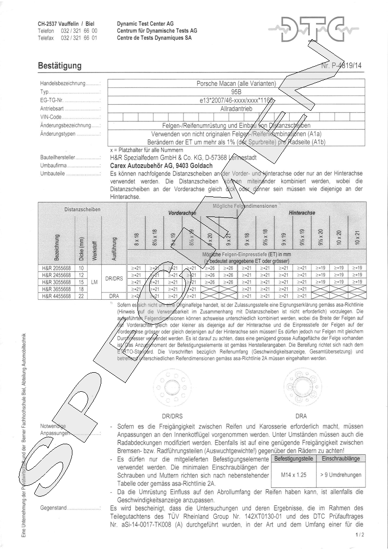 H&R DTC Zertifikat - H&R Spurverbreitungen P-4819/14