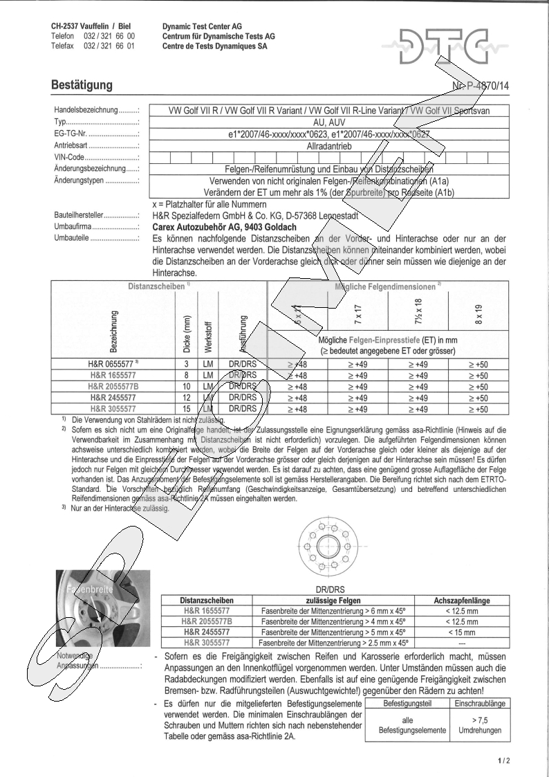H&R DTC Zertifikat - H&R Spurverbreitungen P-4870/14