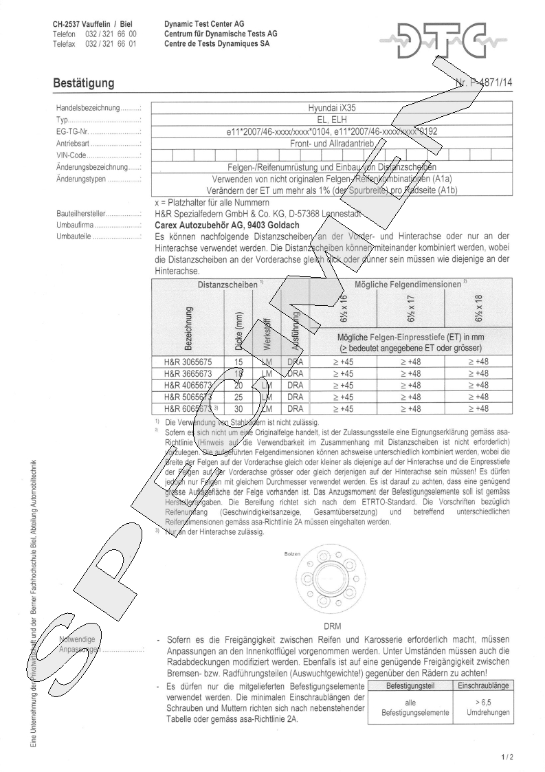 H&R DTC Zertifikat - H&R Spurverbreitungen P-4871/14