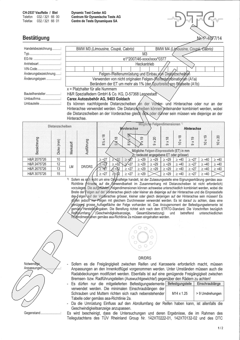 H&R DTC Zertifikat - H&R Spurverbreitungen P-4877/14