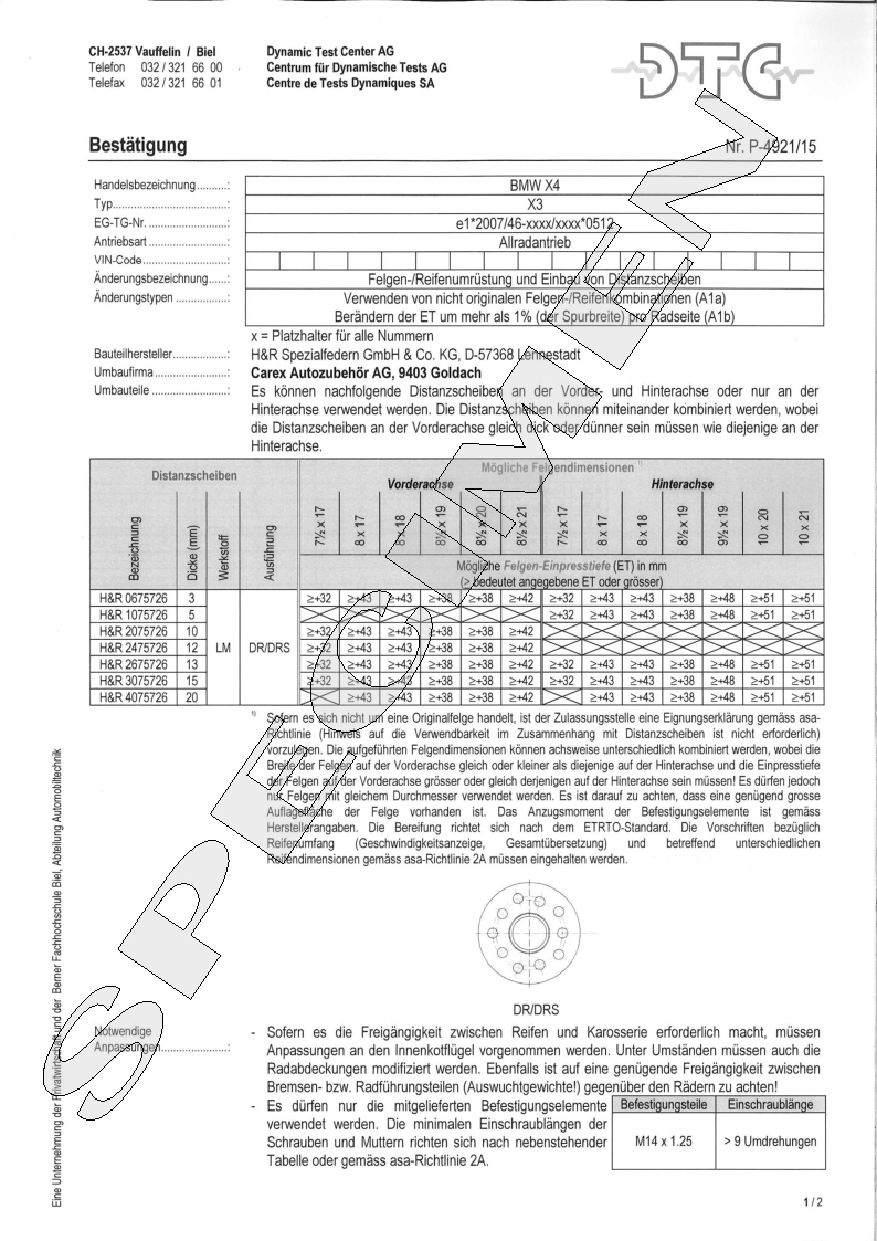 H&R DTC Zertifikat - H&R Spurverbreitungen P-4921/15