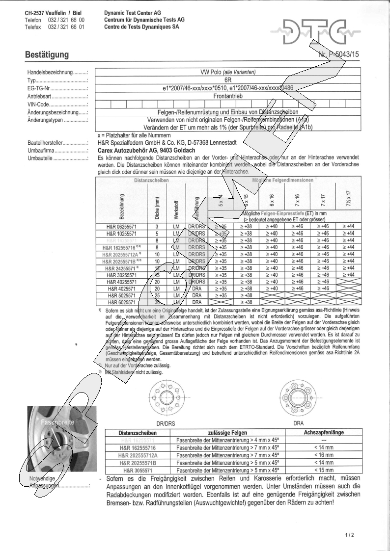 H&R DTC Zertifikat - H&R Spurverbreitungen P-5043/15
