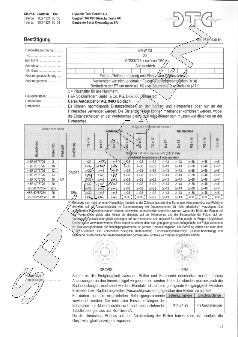H&R DTC Zertifikat - H&R Spurverbreitungen P-5044/15