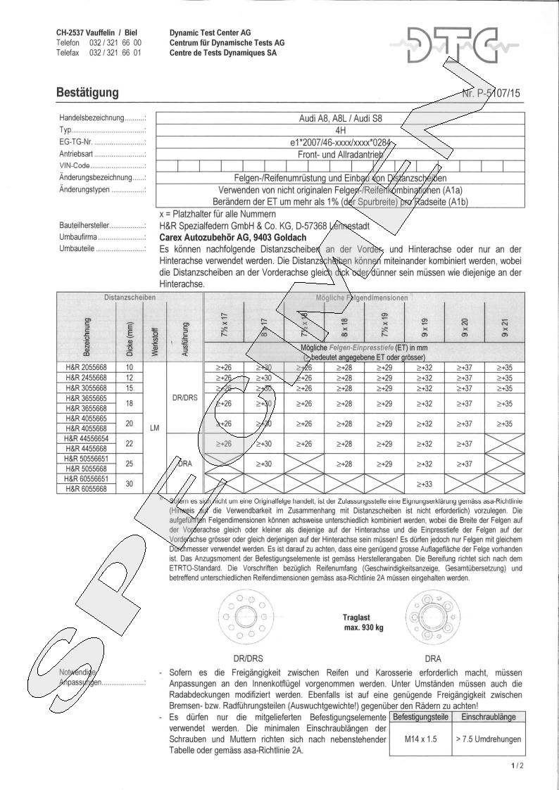 H&R DTC Zertifikat - H&R Spurverbreitungen P-5107/15