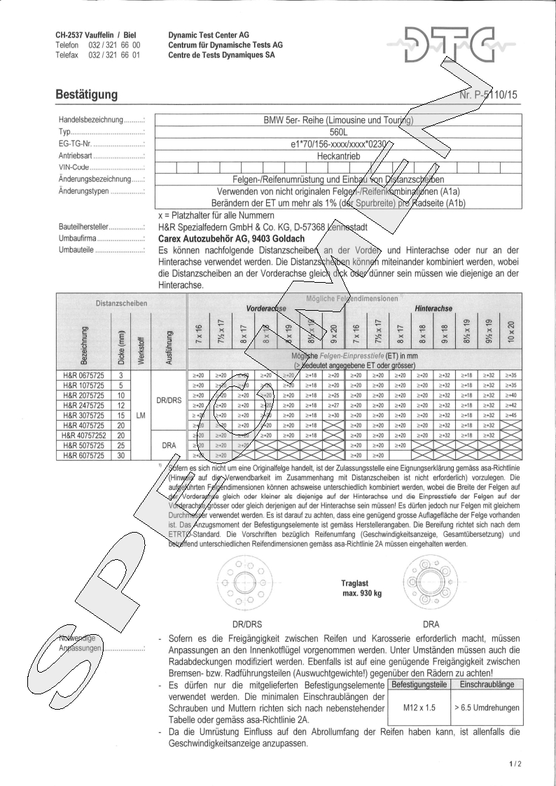H&R DTC Zertifikat - H&R Spurverbreitungen P-5110/15