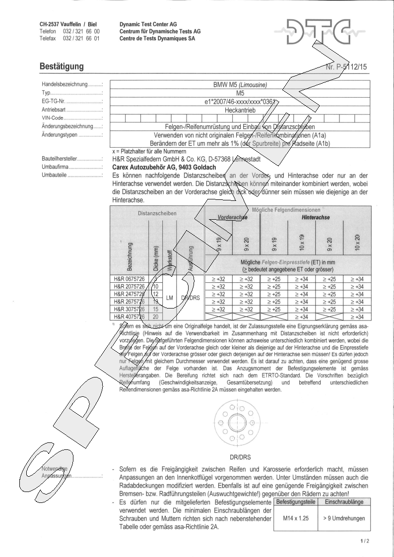 H&R DTC Zertifikat - H&R Spurverbreitungen P-5112/15