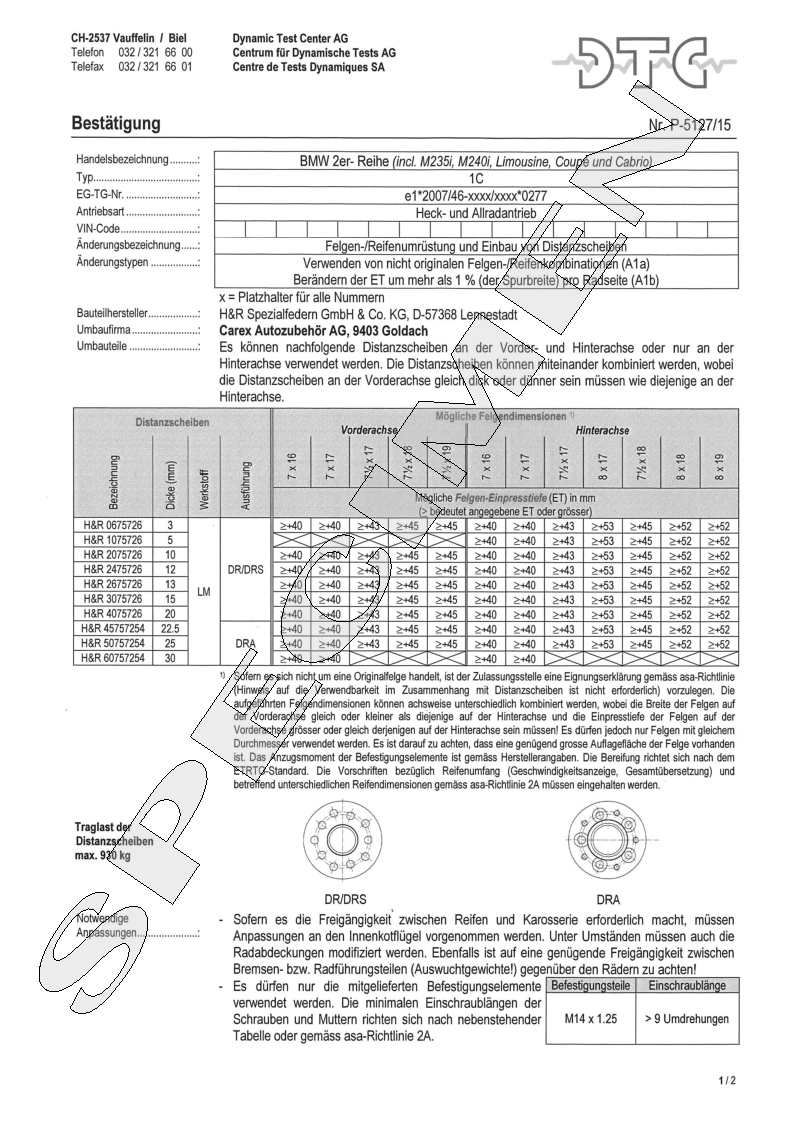 H&R DTC Zertifikat - H&R Spurverbreitungen P-5127/15
