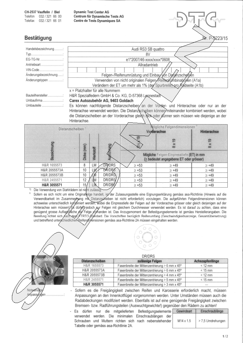 H&R DTC Zertifikat - H&R Spurverbreitungen P-5223/15