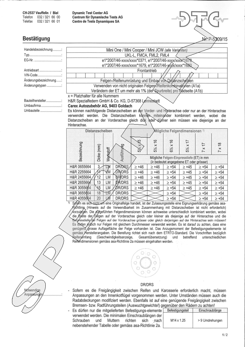H&R DTC Zertifikat - H&R Spurverbreitungen P-5309/15