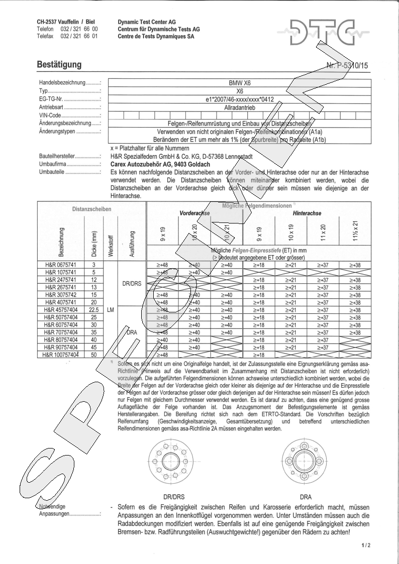 H&R DTC Zertifikat - H&R Spurverbreitungen P-5310/15