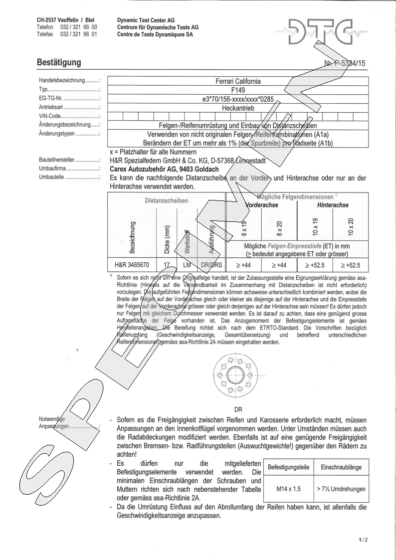 H&R DTC Zertifikat - H&R Spurverbreitungen P-5334/15