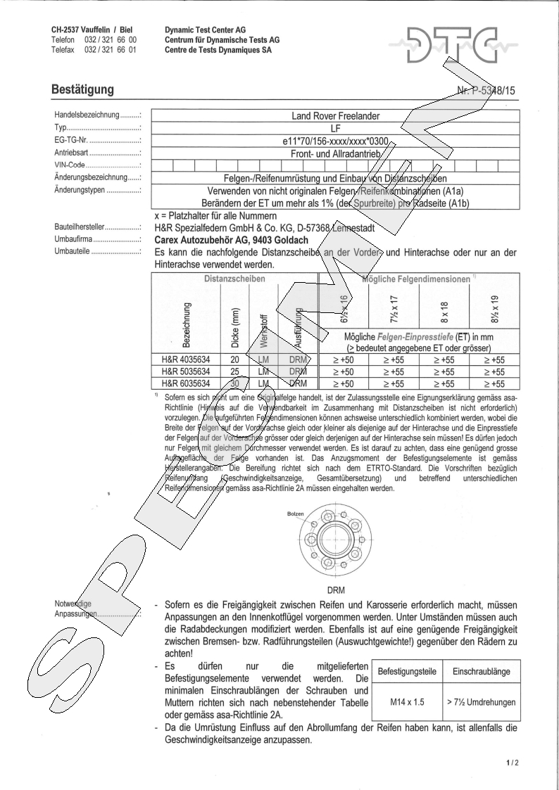 H&R DTC Zertifikat - H&R Spurverbreitungen P-5348/15