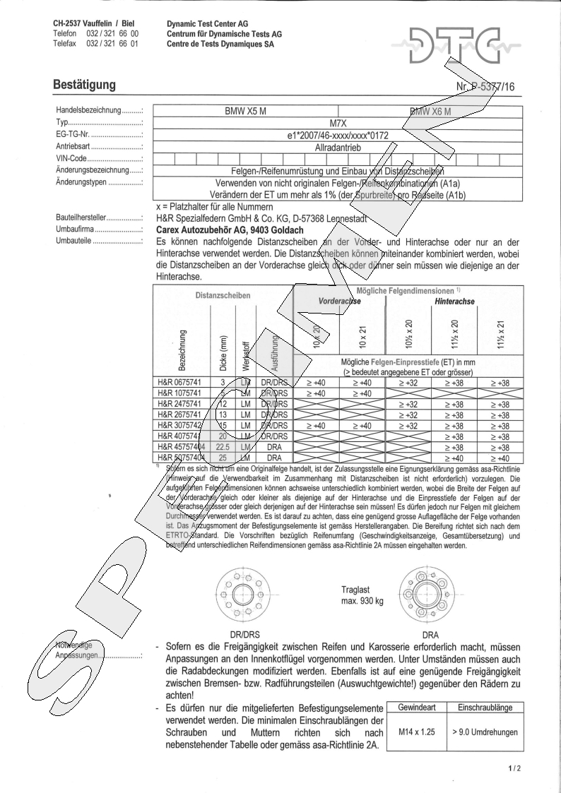 H&R DTC Zertifikat - H&R Spurverbreitungen P-5377/16