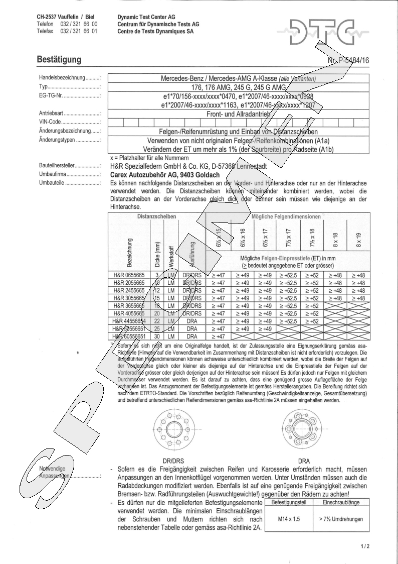H&R DTC Zertifikat - H&R Spurverbreitungen P-5484/16