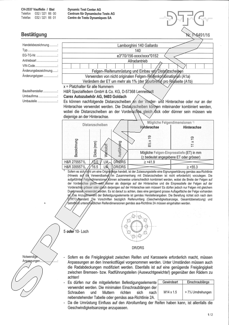 H&R DTC Zertifikat - H&R Spurverbreitungen P-5491/16