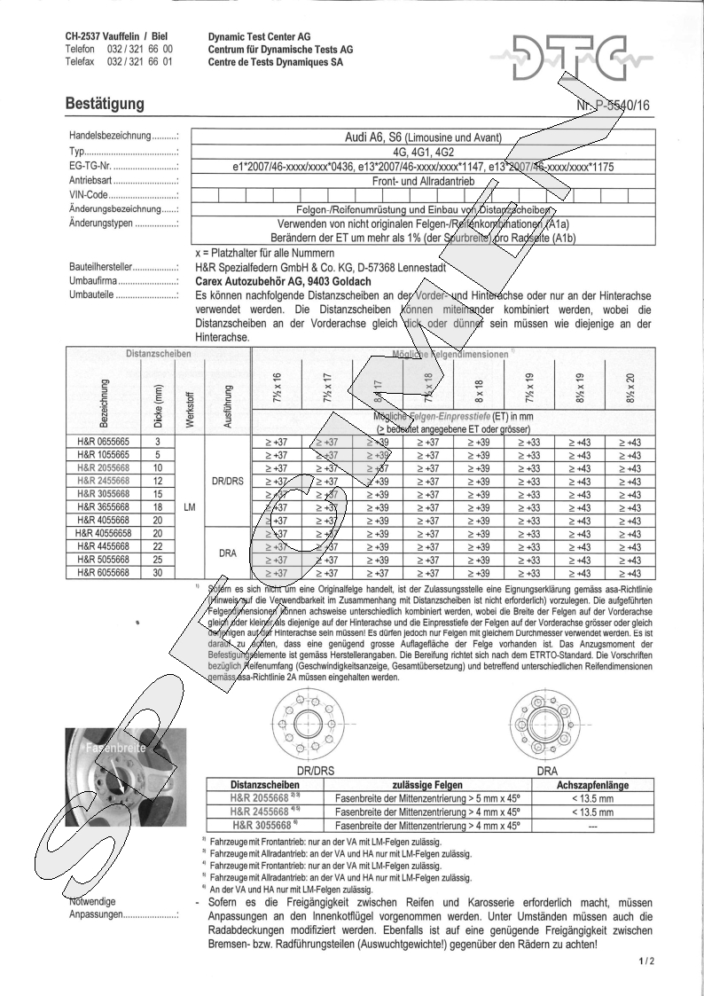 H&R DTC Zertifikat - H&R Spurverbreitungen P-5540/16