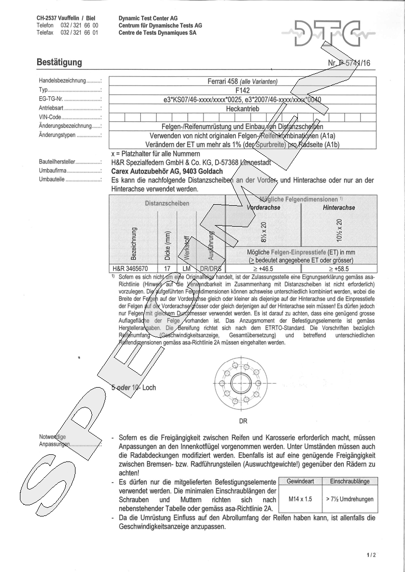 H&R DTC Zertifikat - H&R Spurverbreitungen P-5741/16