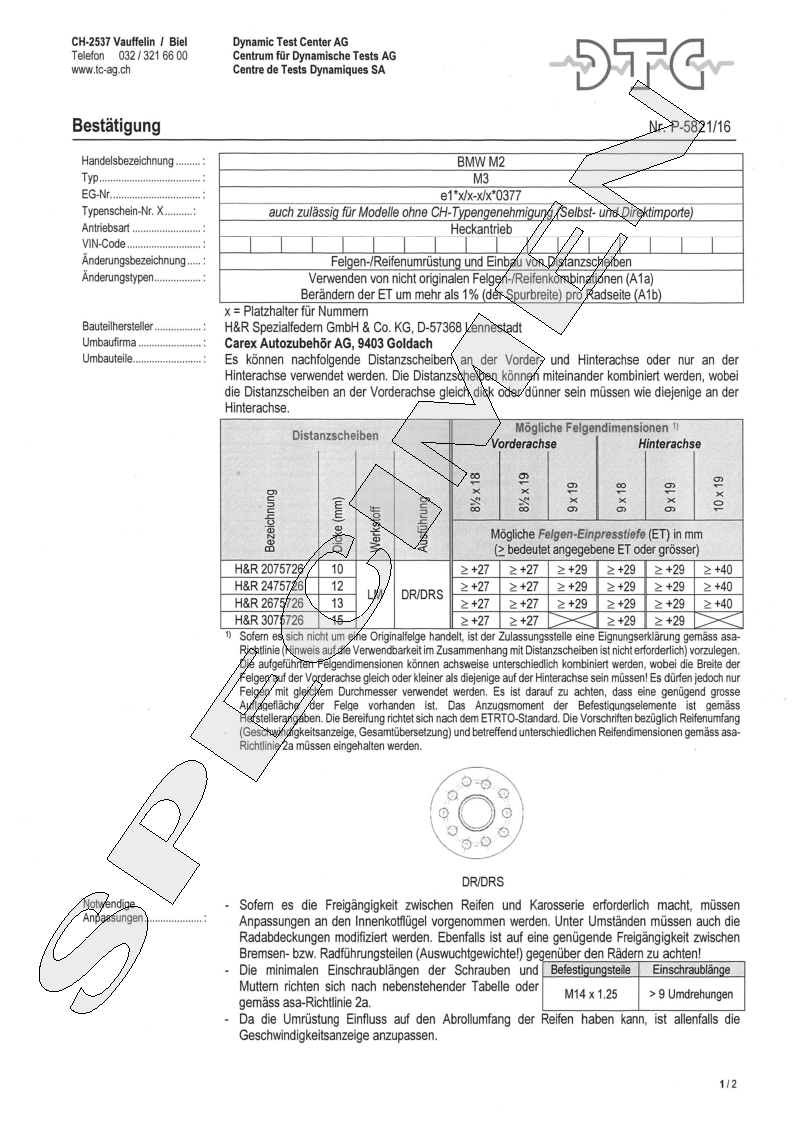 H&R DTC Zertifikat - H&R Spurverbreitungen P-5821/16