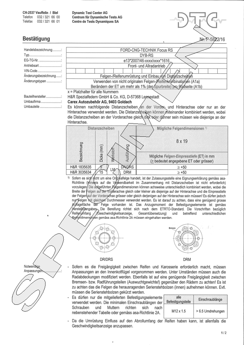 H&R DTC Zertifikat - H&R Spurverbreitungen P-5822/16