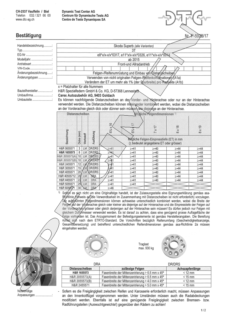 H&R DTC Zertifikat - H&R Spurverbreitungen P-5928/17