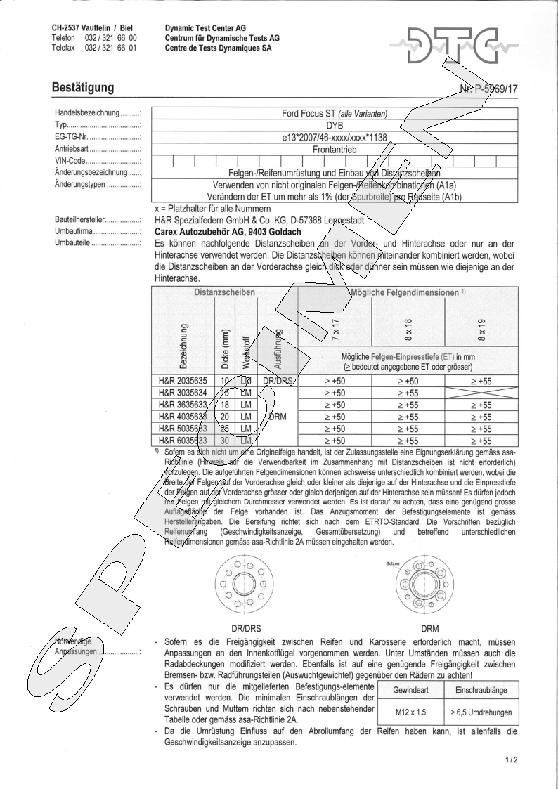 H&R DTC Zertifikat - H&R Spurverbreitungen P-5969/17
