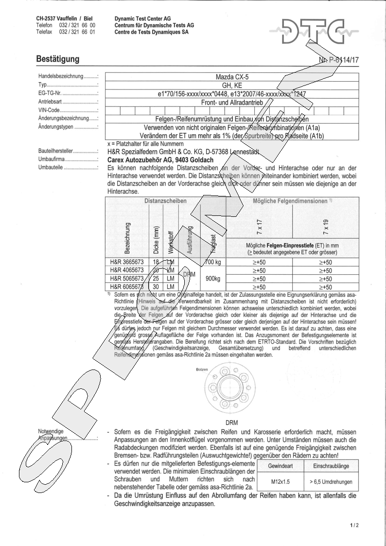 H&R DTC Zertifikat - H&R Spurverbreitungen P-6114/17