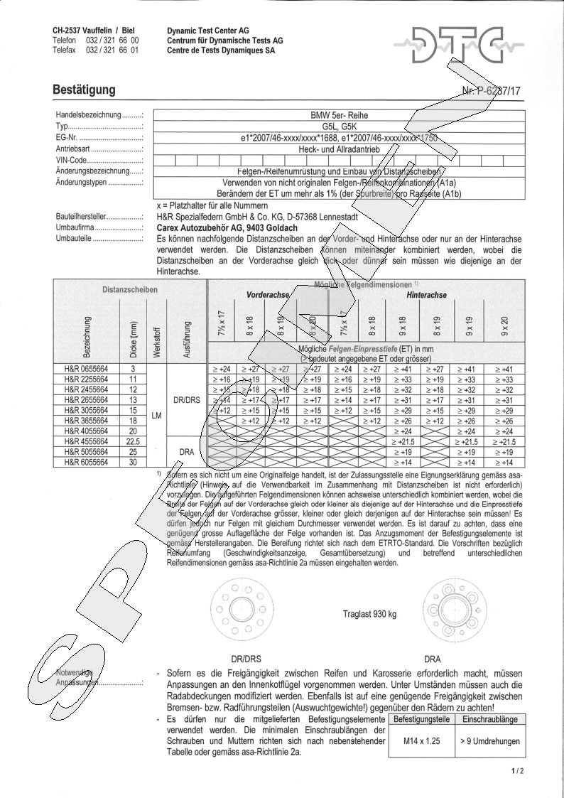 H&R DTC Zertifikat - H&R Spurverbreitungen P-6237/17