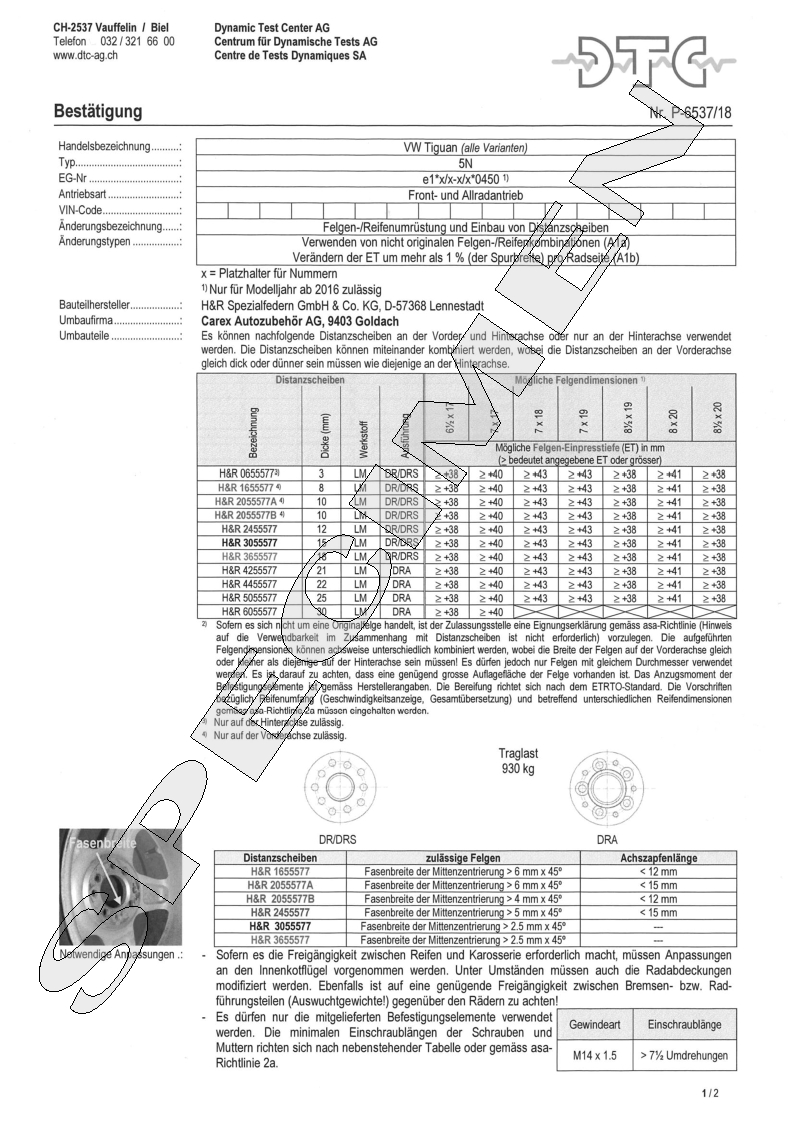 H&R DTC Zertifikat - H&R Spurverbreitungen P-6537/18