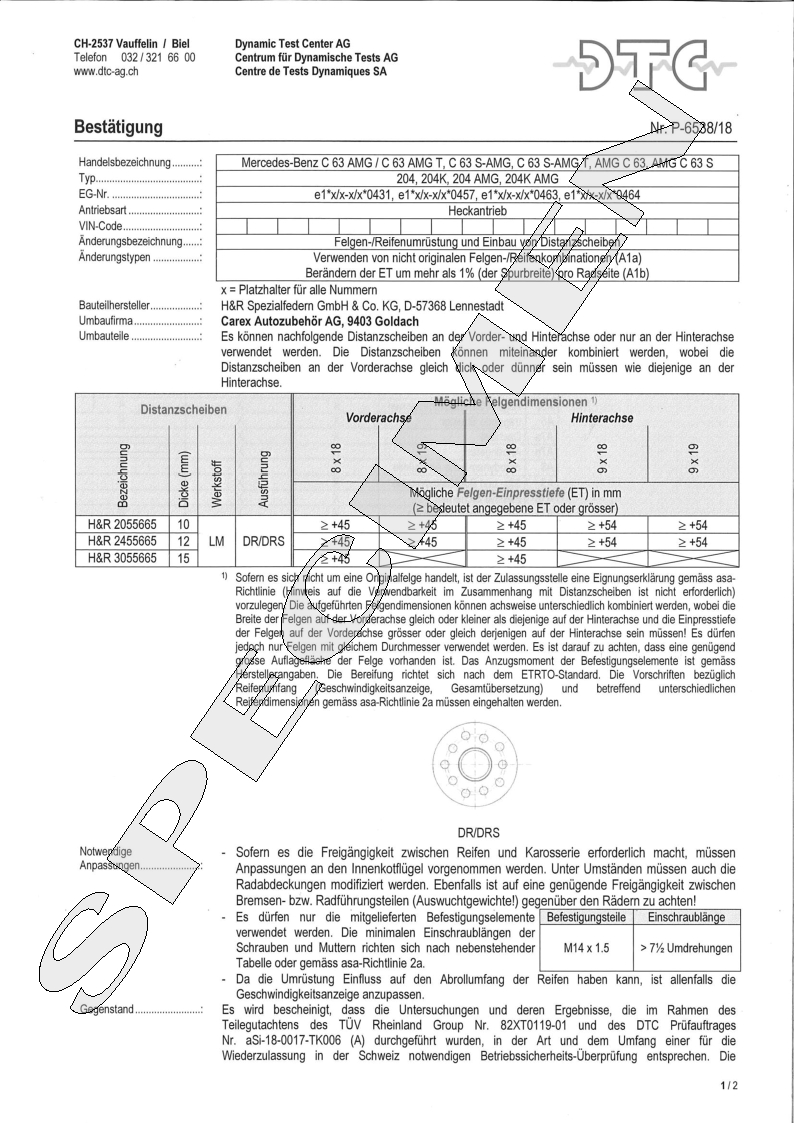 H&R DTC Zertifikat - H&R Spurverbreitungen P-6538/18