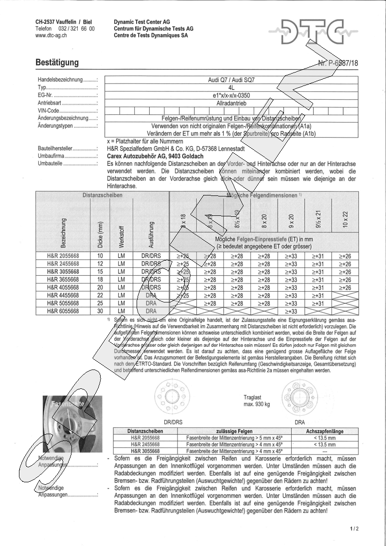 H&R DTC Zertifikat - H&R Spurverbreitungen P-6587/18