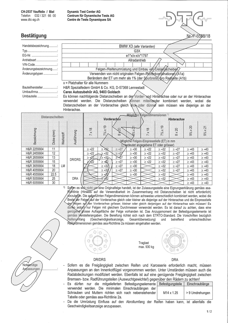 H&R DTC Zertifikat - H&R Spurverbreitungen P-6588/18