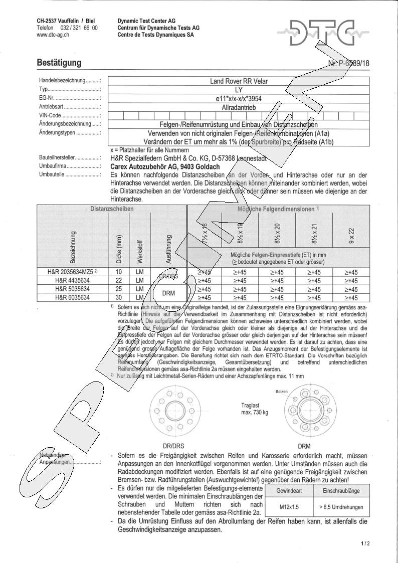 H&R DTC Zertifikat - H&R Spurverbreitungen P-6589/18