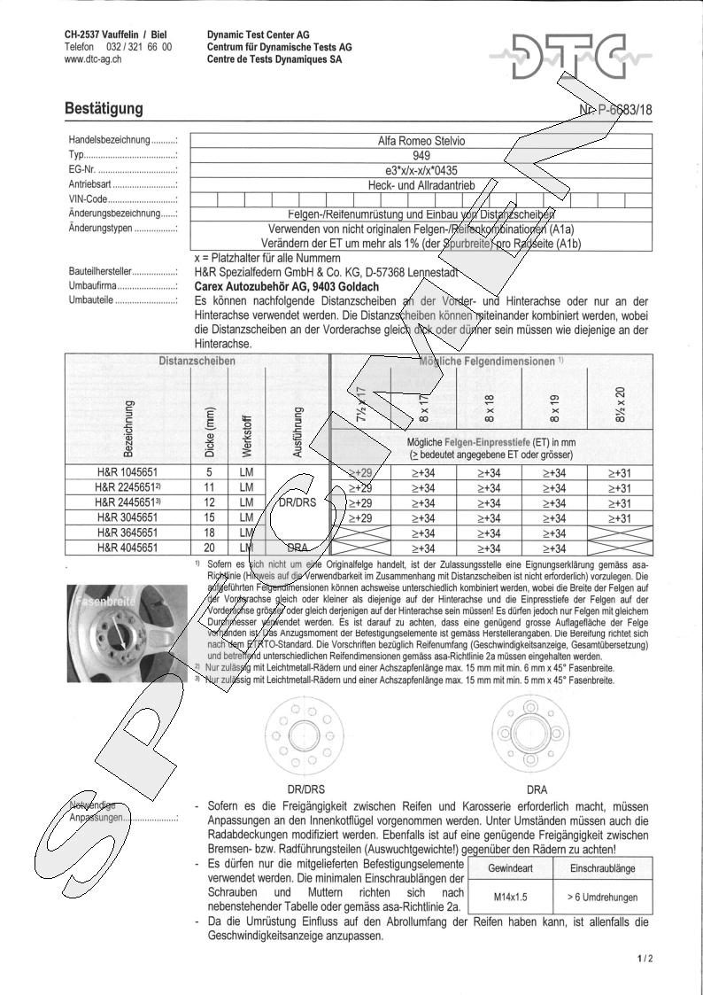 H&R DTC Zertifikat - H&R Spurverbreitungen P-6683/18